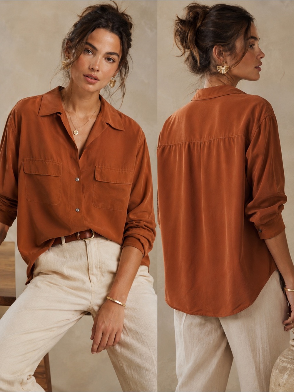 Moda International 100% Silk Burnt Orange Long-Sleeve Button Down Shirt Medium